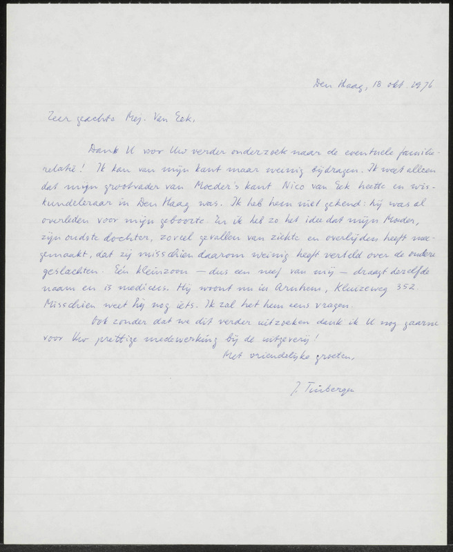 Letter to M. van Eek