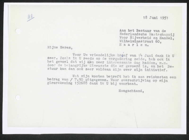 Letter to Nederlandsche Maatschappij voor Nijverheid en Handel