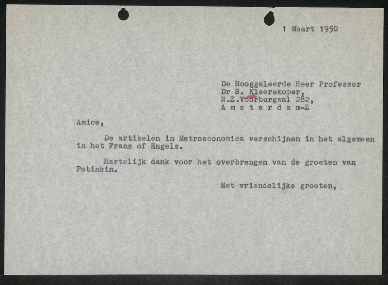Letter to S. Kleerekoper