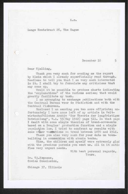 Letter to T. Koopmans