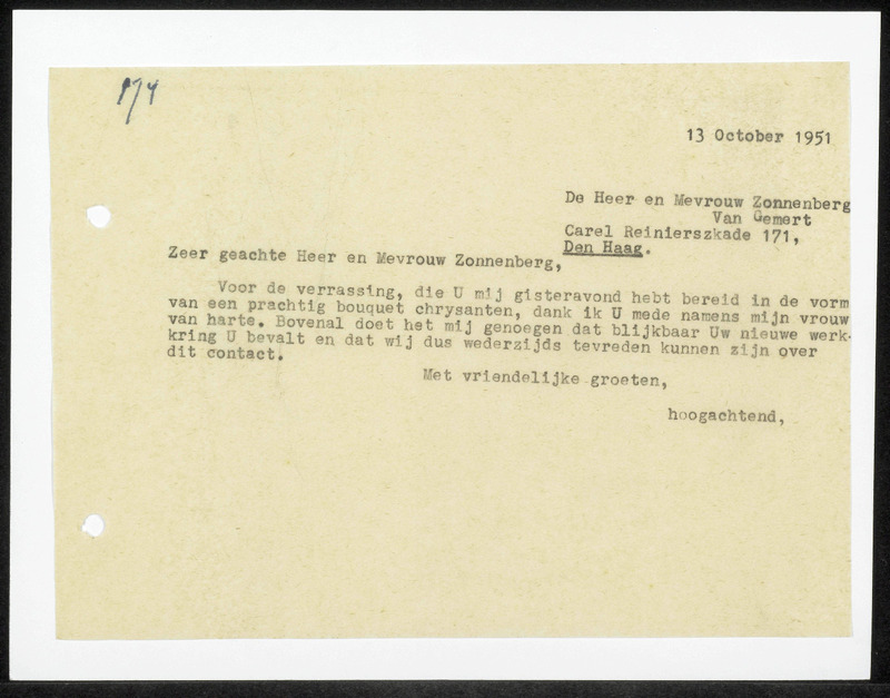 Letter to Meneer en Mevrouw Zonnenberg Van Gemert