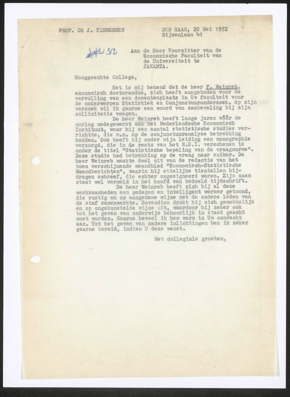 Letter to Economische Faculteit van de Universiteit te Jakarta