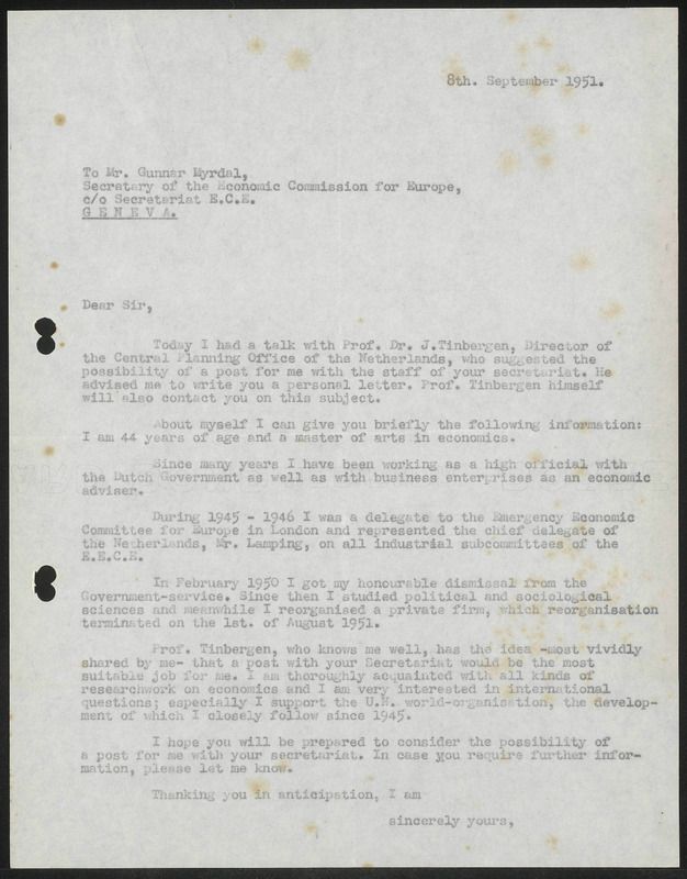 Letter to Gunner Myrdal