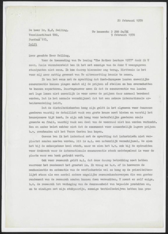 Letter to H.J. Selling