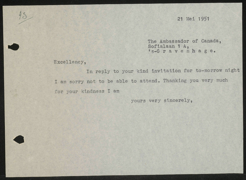 Letter to Canadian Embassy, The Hague
