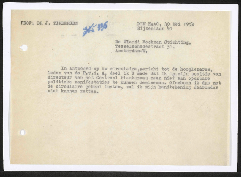 Letter to De Wiardi Beckman Stichting, Partij van de Arbeid