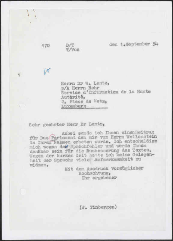 Letter to W. Lentz