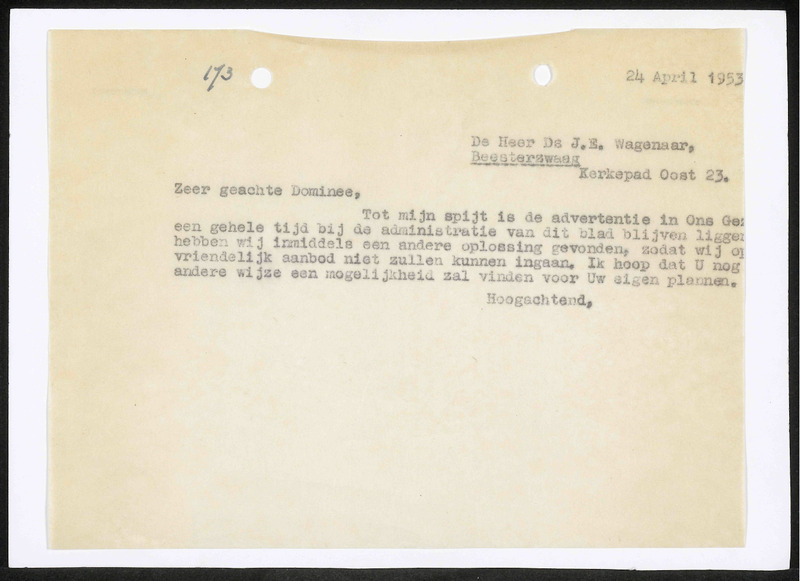 Letter to J.E. Wagenaar