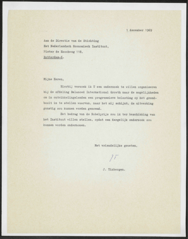 Letter to Nederlandsch Economisch Instituut, Rotterdam
