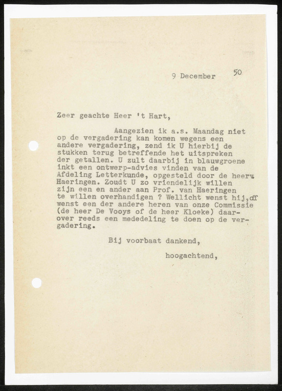 Letter to M.E. 'T Hart