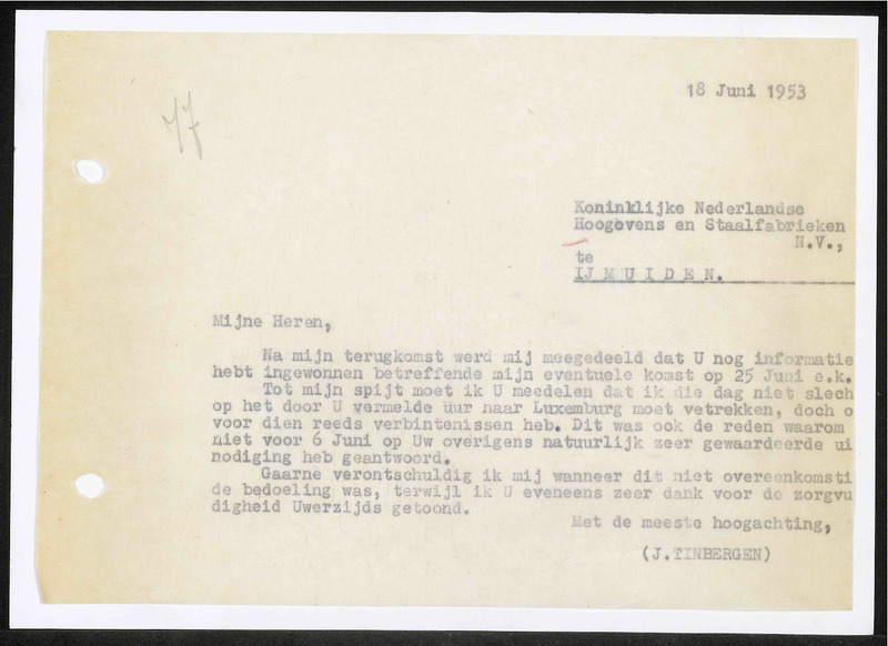 Letter to Koninklijke Nederlandsche Hoogovens en Staalfabrieken N.V.