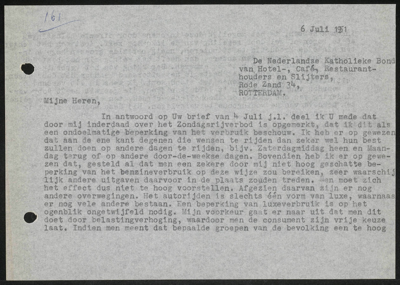 Letter to HOCRES, Nederlandse Katholieke Bond van Hotel-, Café-, Restaurant-houders en Slijters