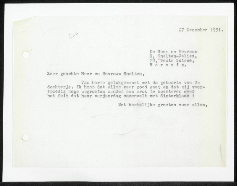 Letter to Meneer en Mevrouw Snelten-Jelies