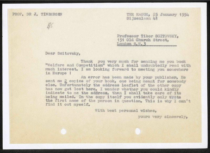 Letter to Tibor Scitovsky