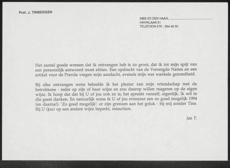 Letter to J. Tinbergen