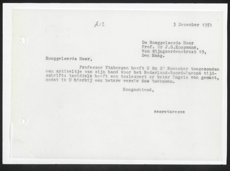 Letter to J.G. Koopmans
