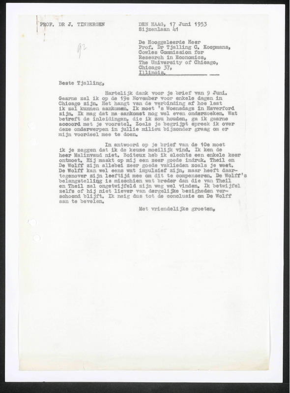 Letter to T. Koopmans