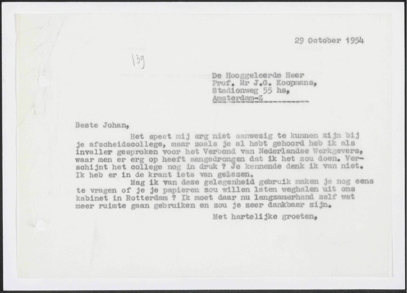Letter to J.G. Koopmans