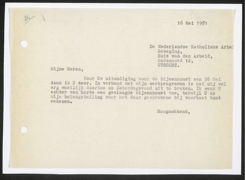 Letter to Nederlandse Katholieke Arbeidersbeweging