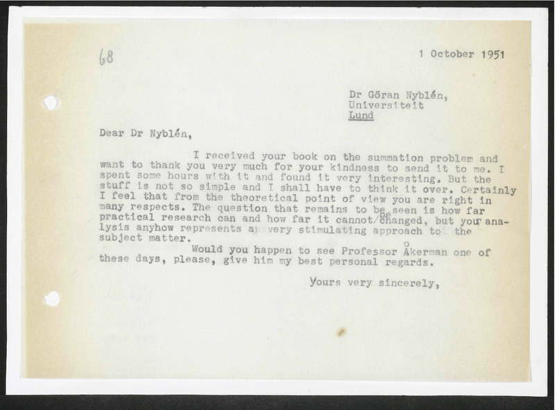 Letter to Göran Nyblén