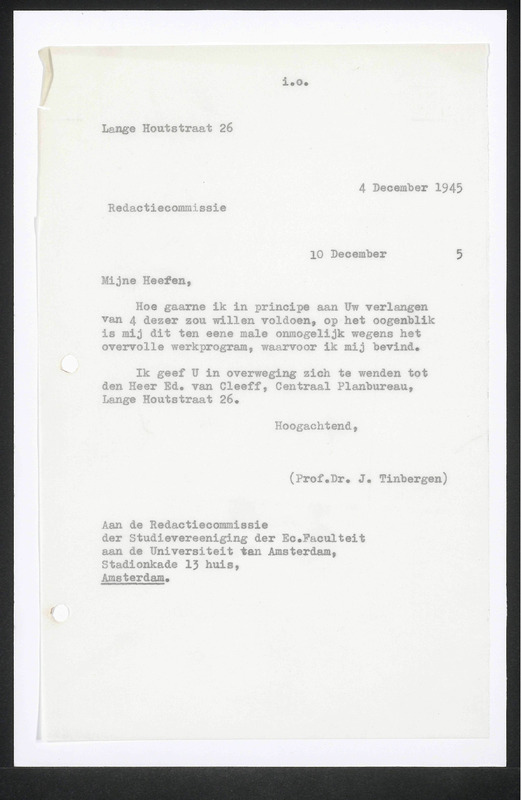 Letter to Studievereniging der Economische Faculteit aan de Universiteit Amsterdam