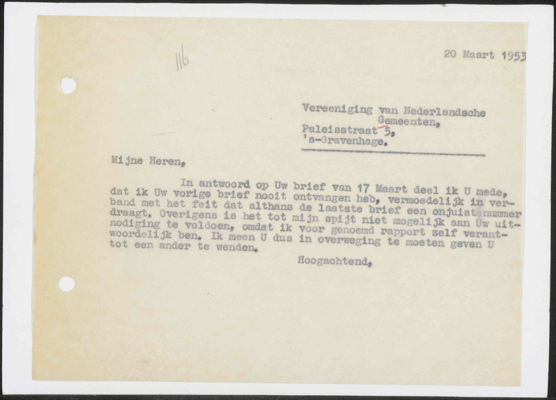 Letter to Vereeniging van Nederlandsche Gemeenten Instituut voor Bestuurswetenschappen
