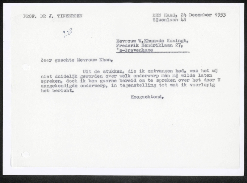 Letter to W. Khan- de Koningh