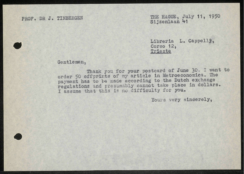 Letter to Libreria L. Cappelli