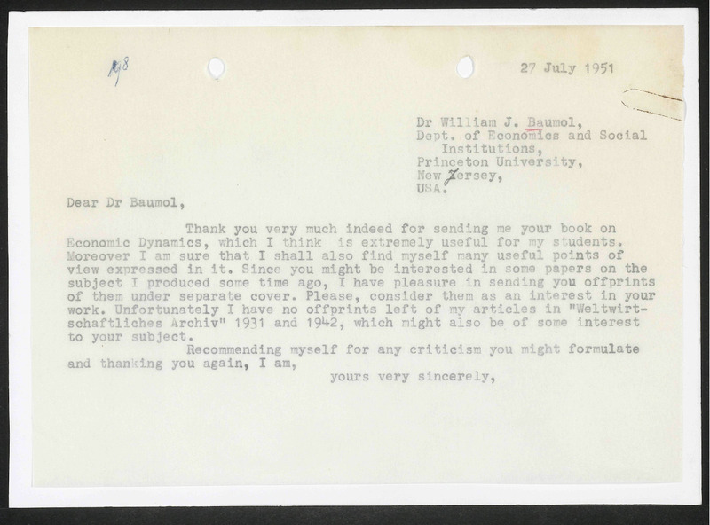 Letter to W.J. Baumol