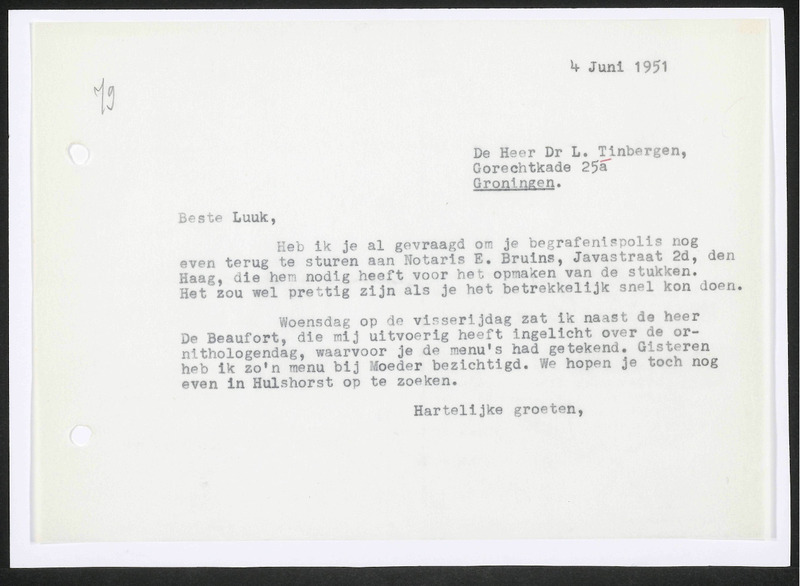 Letter to L. Tinbergen