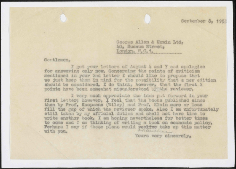 Letter to George Allen & Unwin Ltd. Publishers & exporters