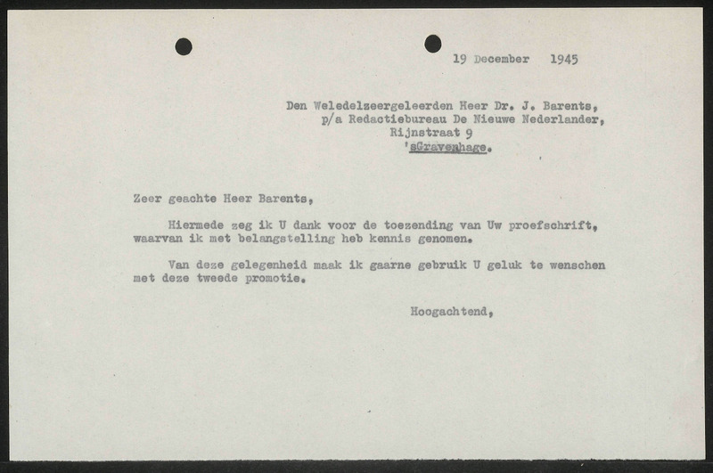 Letter to J. Barents