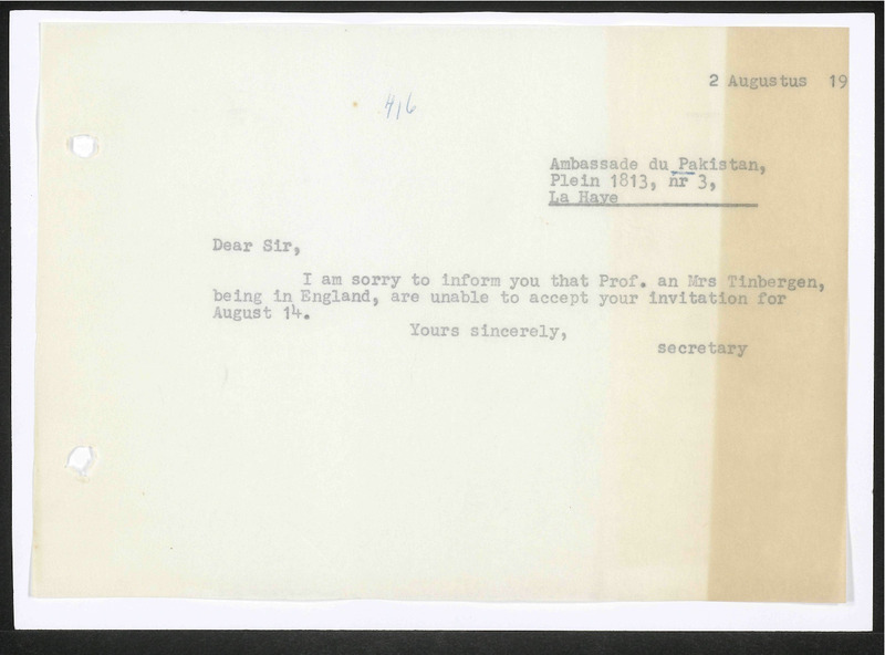 Letter to Ambassade du Pakistan
