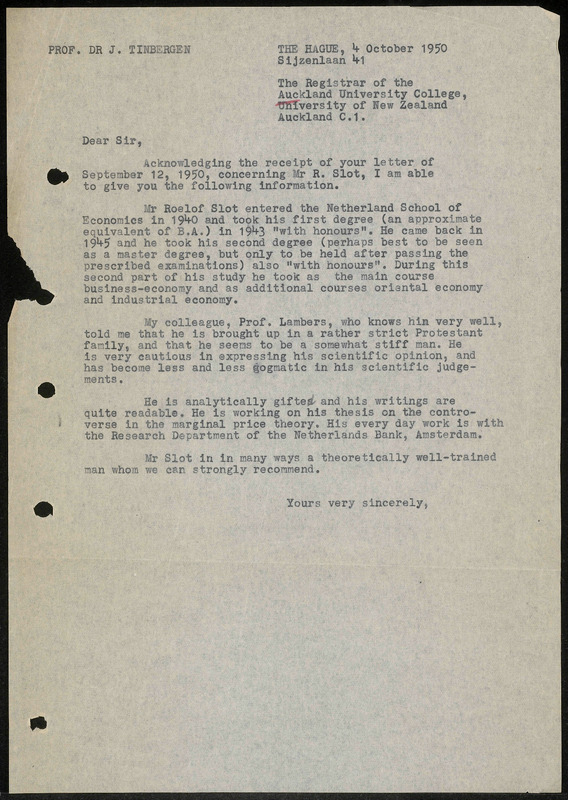 Letter to Auckland University College, University of New Zealand