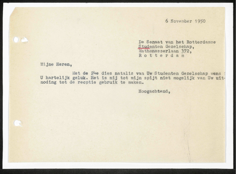 Letter to Rotterdamsch Studenten Gezelschap