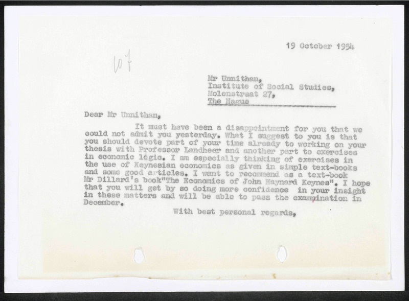 Letter to T.K.N. Unnithan