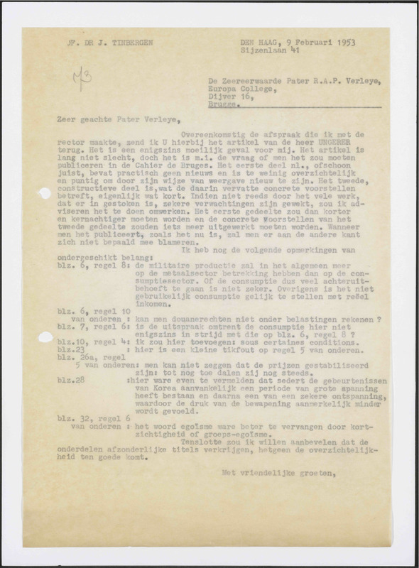 Letter to R.A.P. Verleye