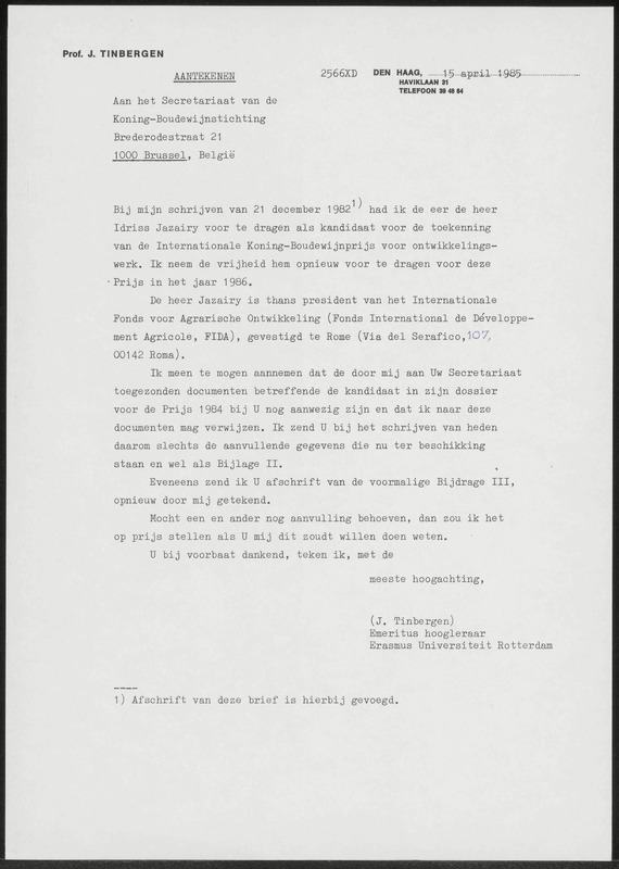 Letter to Koning Boudewijnstichting