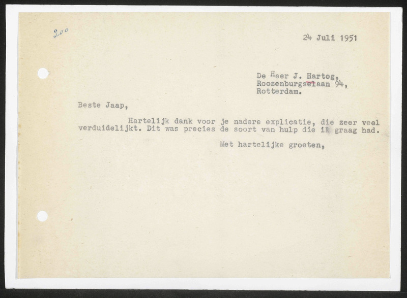 Letter to J. Hartog