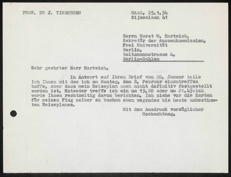 Letter to H.W. Hartwich