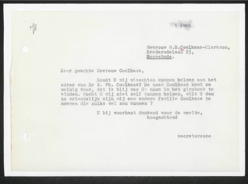 Letter to M.D. Coolhaas-Clarkson