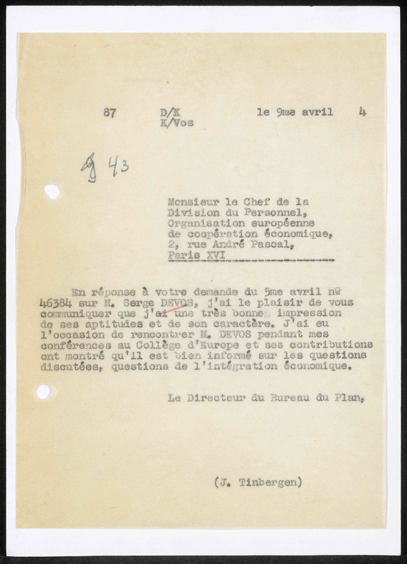 Letter to Organisation for European Economic Co-operation