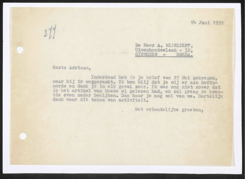 Letter to A. Mijnlieff