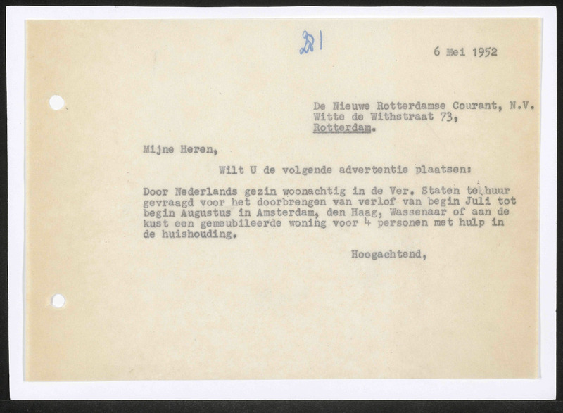 Letter to De Nieuwe Rotterdamse Courant N.V.