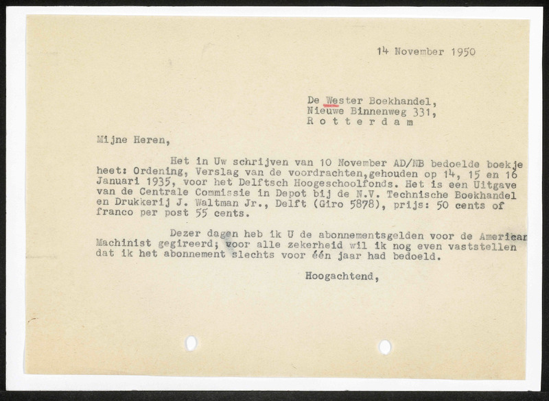 Letter to Wester Boekhandel