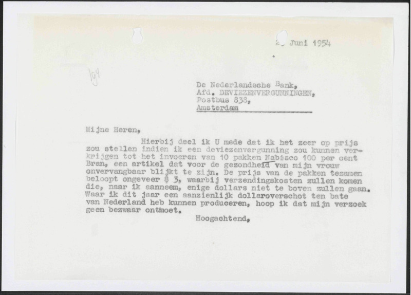 Letter to De Nederlandsche Bank