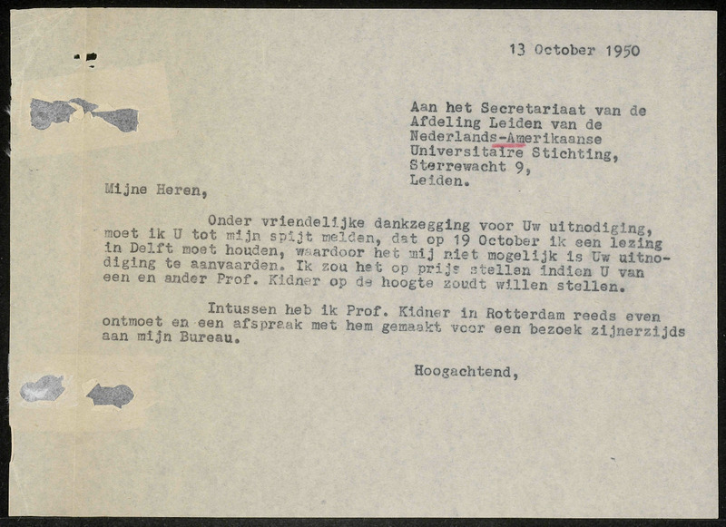 Letter to Nederlands-Amerikaanse Universitaire Stichting