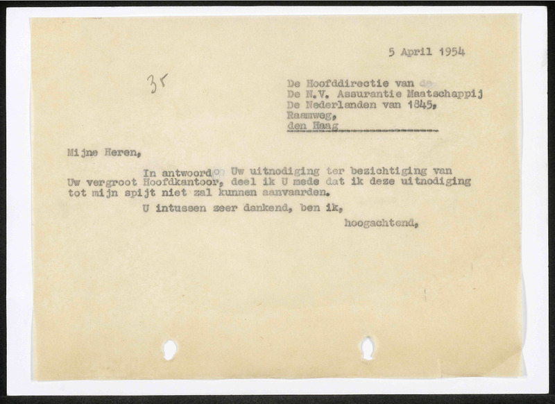 Letter to Assurantie-Maatschappij 'De Nederlanden van 1845', Den Haag