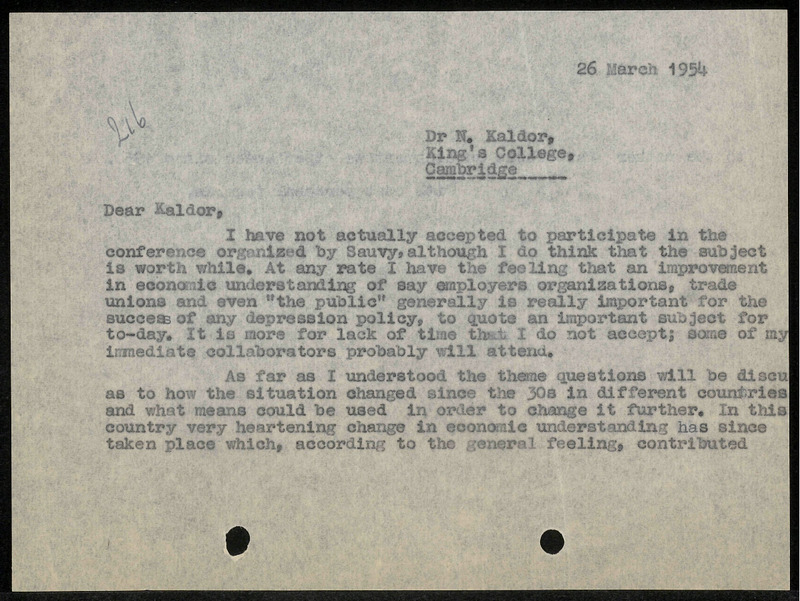 Letter to N. Kaldor