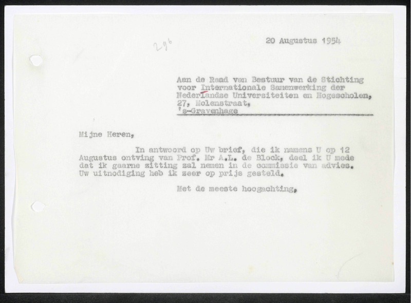 Letter to Stichting voor Internationale Samenwerking der Nederlandse Universiteten en Hogescholen